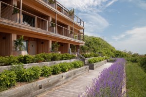View of 168极速赛车官方开奖结果记录体彩 wooden beach pathway in front of rooms with wooden finished patios.